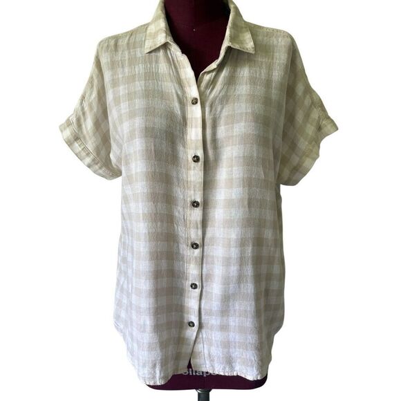 Marine Layer Linen Blend Button Front Short Sleeve Top size M Cream Collared - Picture 1 of 8